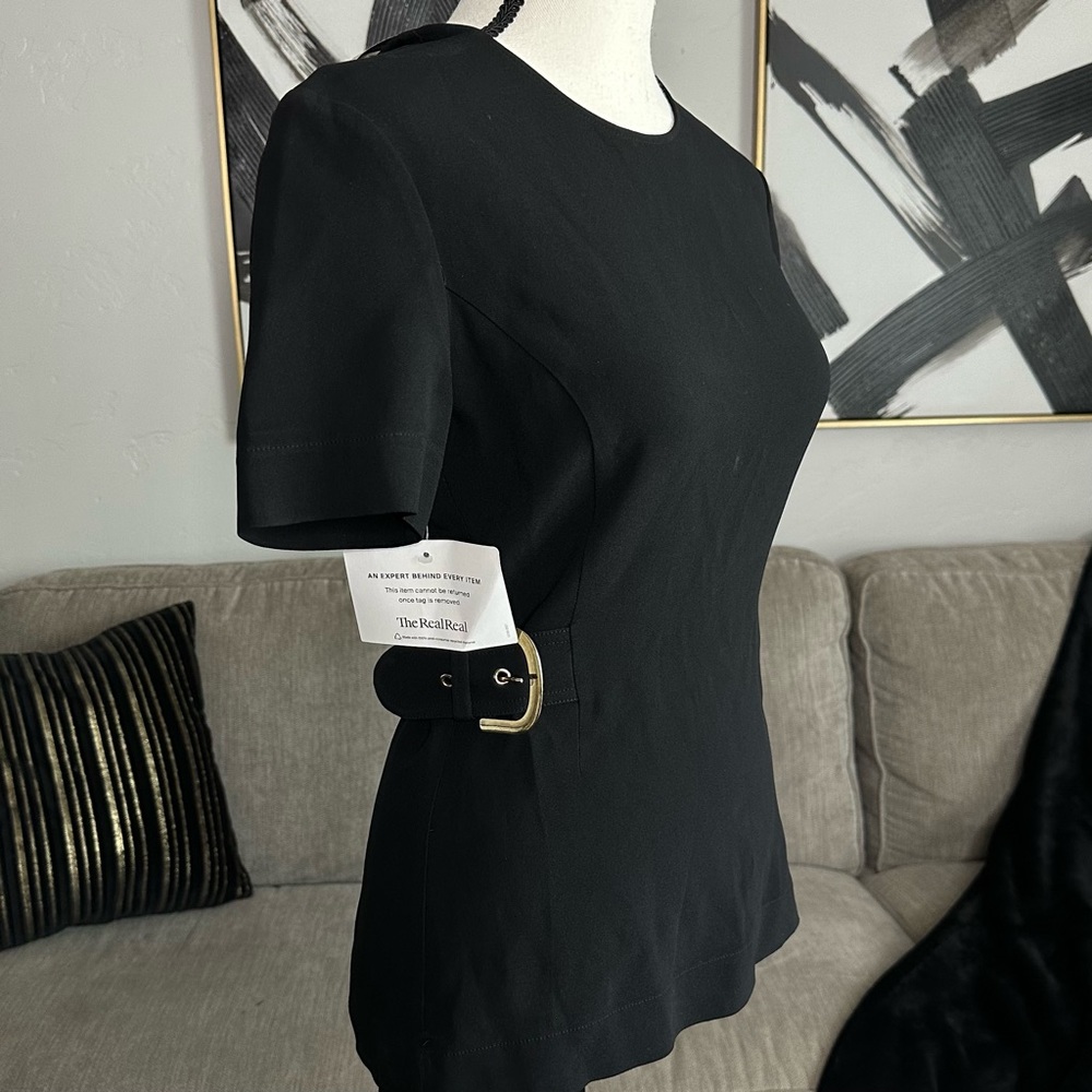 Stella McCartney Black Short Sleeve Belted Blouse With Gold Buckles Size Small